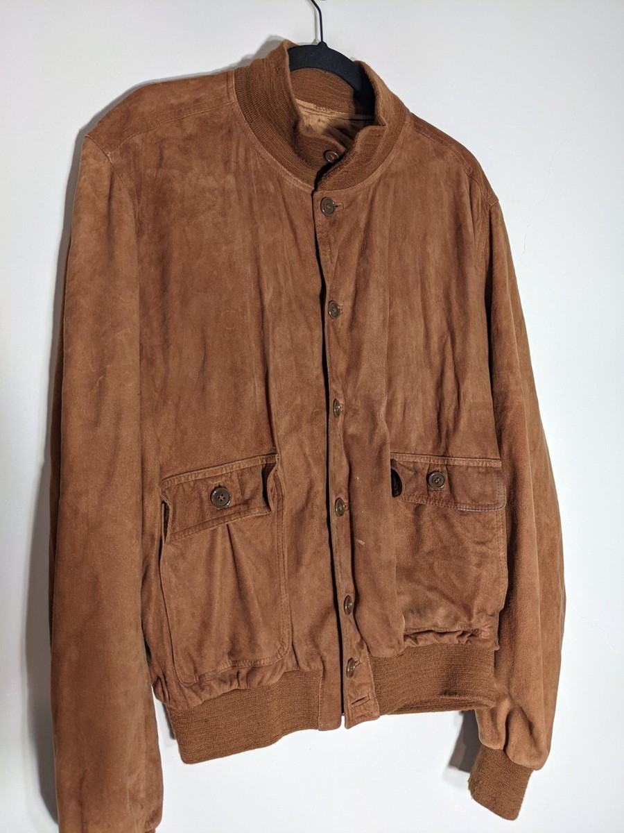 Vintage Bally Suede Jacket Mens 42 Brown Leather Ribbed Wool Trim Button Italy  View 2