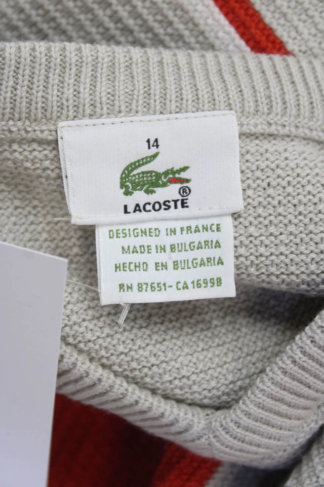 Suéter Pullover Naranja Manga Larga Cuello en V Rayas Lacoste Talla 14 Foto 3 de 4