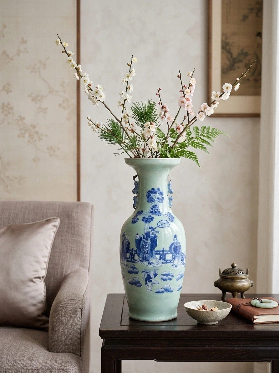 中国美術 青釉 刻模様 瓶 高35cm(K-YC602) 景徳鎮 染付麒麟文壺 高さ約23.5cm 中国美術 陶磁器 希少 花瓶 白磁