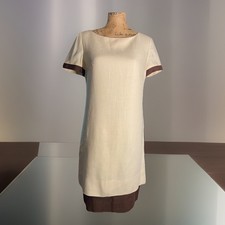 Vintage 1960  s Spring Easter Short Sleeve Cream Linen Brown Trim Shift Dress Med