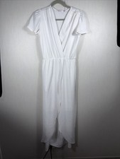 NWT Fraiche by J Faux Wrap Short Sleeve Hi-Low White Midi Dress M Coastal