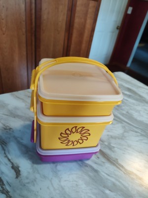 Vintage Tupperware Square Away Stacking Lunch Set W/ Handle Maize Yellow Sun 7PC
