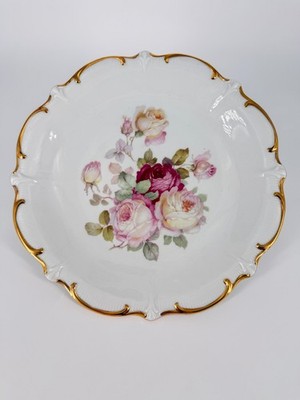 Pair Schumann Arzberg Bavaria Antique Rose 12  Porcelain Wall Plates Gold Trim
