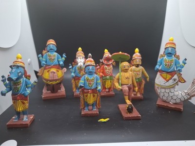 8 Wood Handcraft Figurines Dashavatara Hindu Festival Gods Goddesses As is
