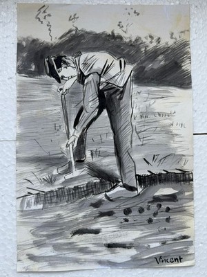 VINCENT VAN GOH drawing and painting on old paper signed stamped vintage