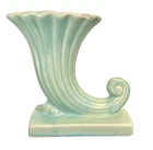 McCoy Cornucopia Vase Ceramic Pottery Horn Footed Fluted Teal Green USA Vintage