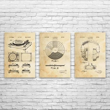 Music DJ Patent Wall Art Set of 3 Poster, Canvas or Framed Dj Gifts Framed Art