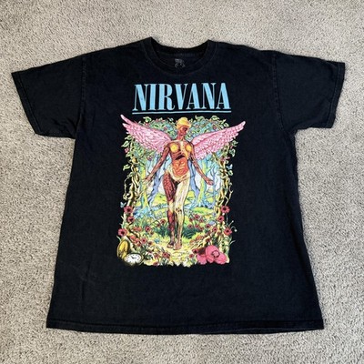 Nirvana Shirt Mens L Black Angel Wings In Utero Garden Graphic Cotton Crewneck