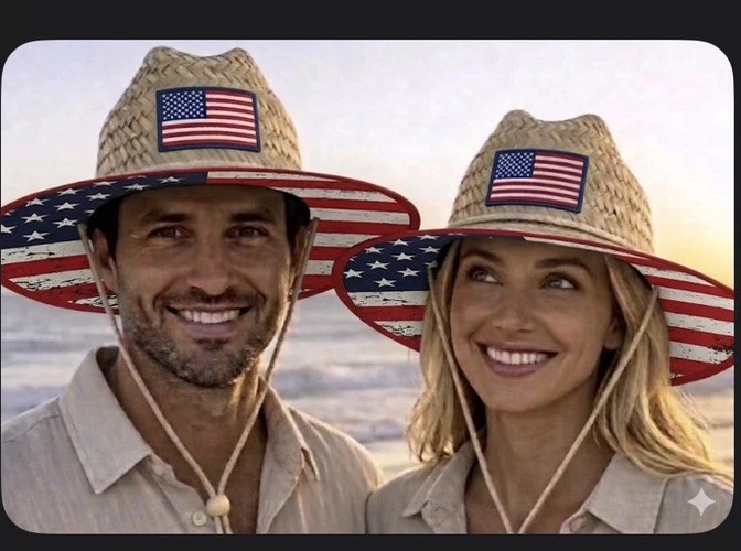 Straw Lifeguard Wide-Brim Hat Distressed Flag -Lined Under-Brim Adjustable Cord