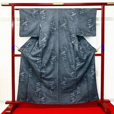 Japanese Kimono 'TSUMUGI' Polyester/Gray/Flower/Vintage/Length:158cm N1360
