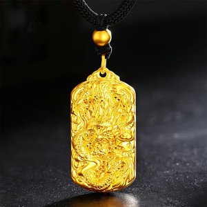 Authentic Lucky Charm Power Dragon Carved Pendant Necklace 18K Gold Plated Jewelry