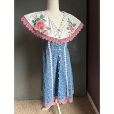 Tea Party Women's Small Denim Needlepoint Floral Faux Collar Cottagecore Dress