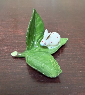 Vintage Herend Hungary Pokadot Mini Rabbit on Green Leaf Hand Painted Figurine