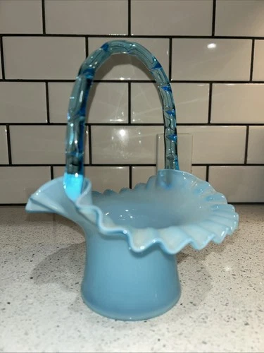 Vintage Fenton Blue Overlay Glass Basket With Ruffled Top