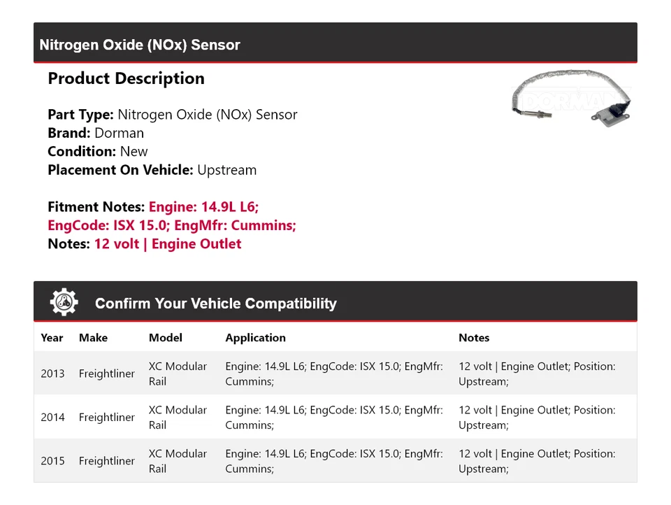 Sensor de óxido de nitrógeno (NOx) Dorman de riel modular Freightliner XC 2013-2015 Foto 2 de 4