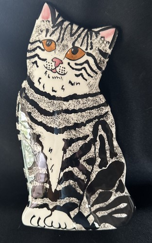 2010 Cats by Nina Lyman Ceramic Cat Vase “Rascal” Black / Gray 8" tall New