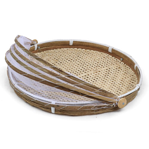 Covered Bamboo Serving Food Tent Basket Hand Woven Round Food Basket W/Mesh FER - Picture 4 of 10