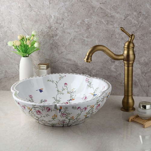 Bathroom Vessel Sink Flower-shaped Ceramic Bowl Antique Brass Mixer Faucet Tap - Picture 5 of 12