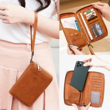 RFID Leather Travel Passport Case Cover Zipper Wallet Card Holder with Wristband