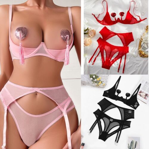 Women's Sexy Tassel Lingerie Set with Mesh Bra and Open Panties Pink/Black/Red - Picture 1 of 30