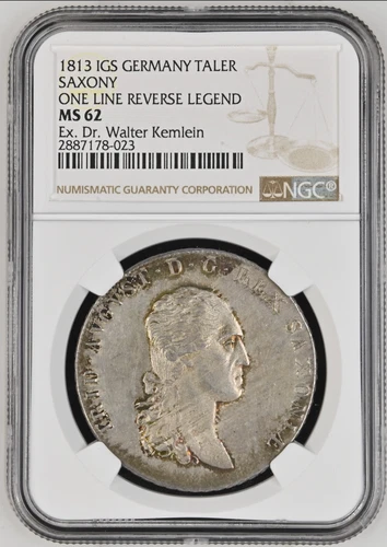 1813 IGS Germany Saxony Taler NGC MS62 Thaler, ex Dr. Walter Kemlein!