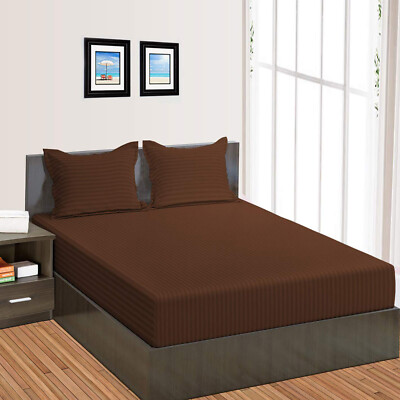 Extra Deep Fitted Sheet+2 Pillow Case 1000 TC Organic Cotton Chocolate Stripe