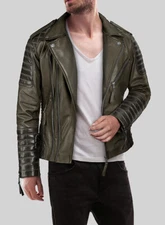 Charles Burnt Olive Leather Jacket Men's Moto Biker Style Lambskin Quilted Men's