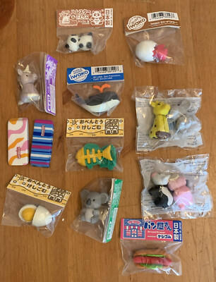 Novelty Mixed Brands Erasers Food Animals etc. Lot of 14 - Made In Japan New