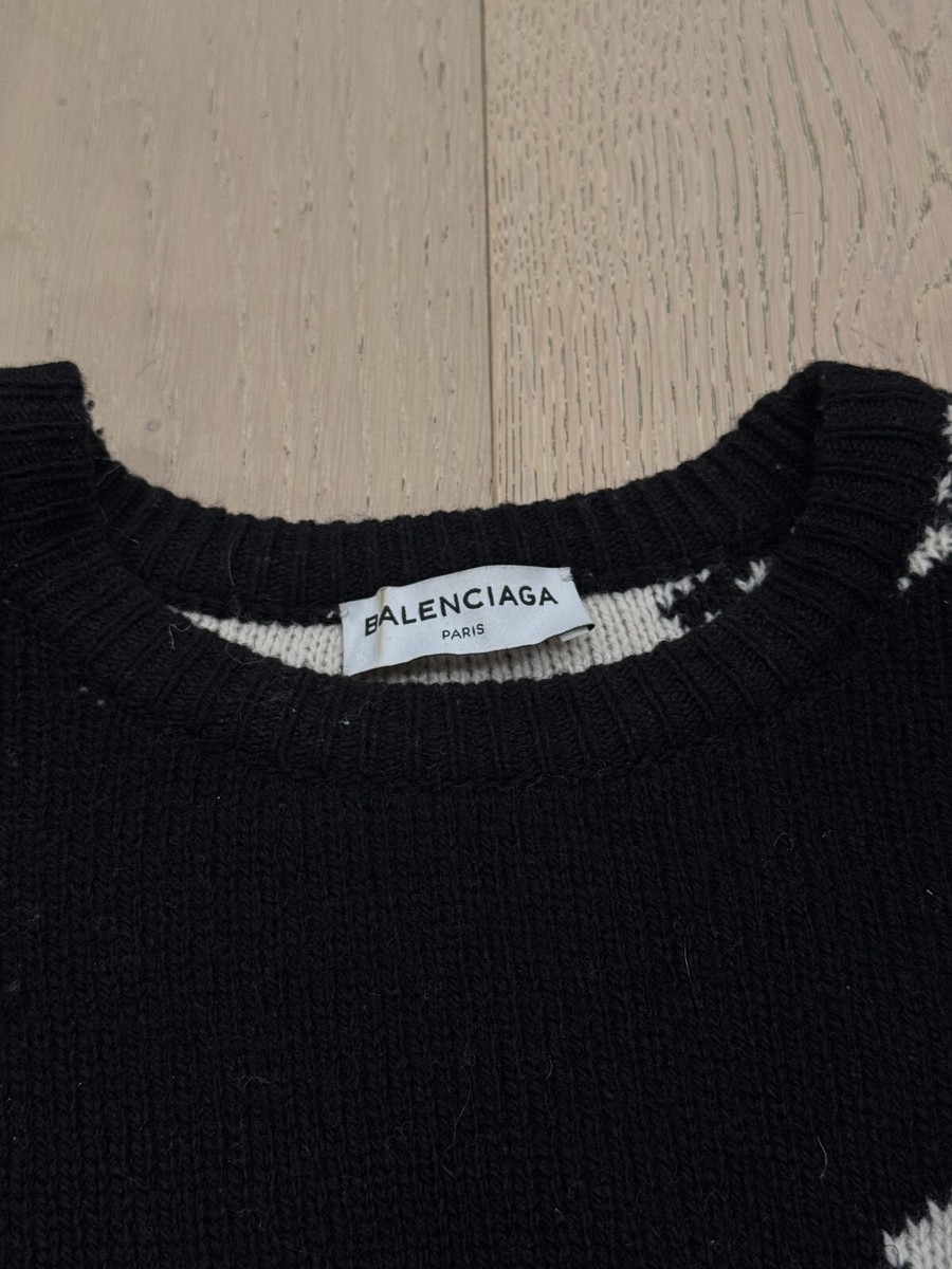 Balenciaga Black and White All Over Logo Wool Crew Neck Sweater