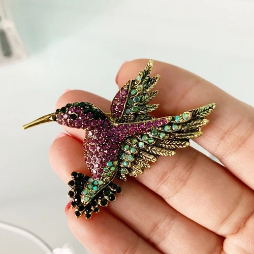 Colorful Rhinestone Hummingbird Brooch Animal Pin Metal Fashion Accessories