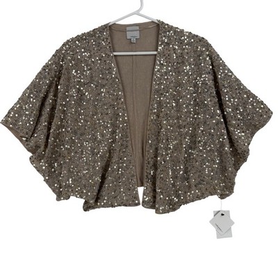 Halogen Cape Womens Petite Medium Gold Sequin Mesh Kimono Open Front Capelet