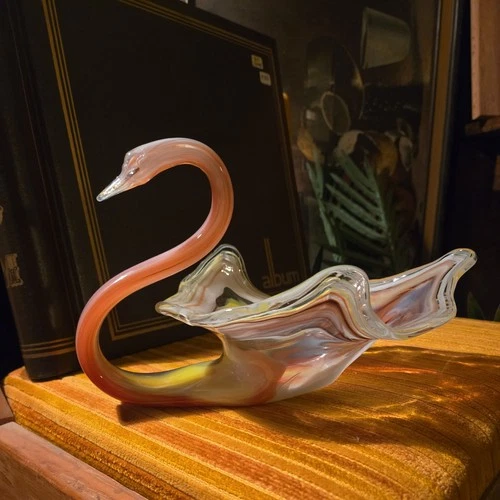 Vtg MCM Hand Blown Murano Style Ozark Art Glass Orange Yellowish Swirl Swan Bowl