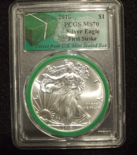 2018 Silver Eagle PCGS MS70 - "GREEN" Direct from US Mint Sealed Box