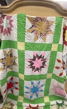 Gorgeous Primitive Handmade Star Patchwork Quilt.  Vtg Condition Stains