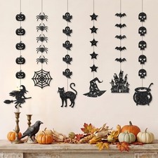 6pcs Black Glitter Halloween Hanging Banner Halloween Decorations