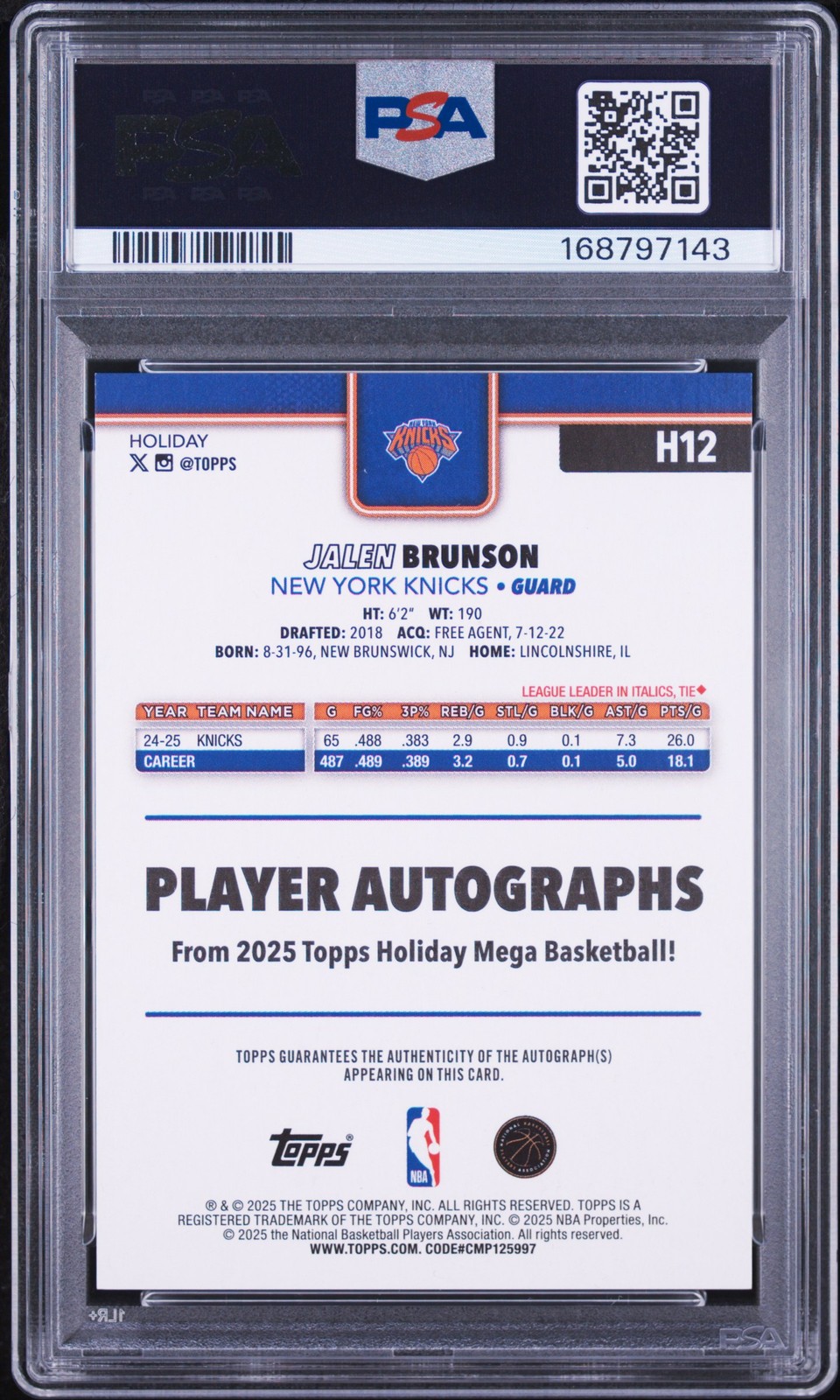 2025 TOPPS HOLIDAY AUTO #H12 JALEN BRUNSON PSA 10 view 2