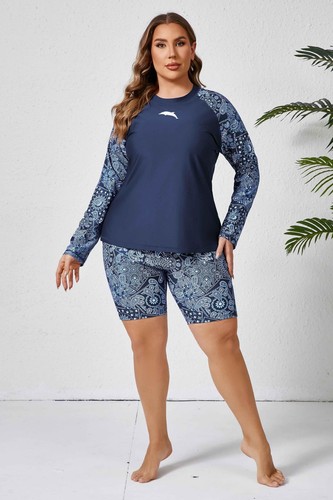 Women Padded Plus Size Swimsuits 2 Piece Rashguard with Boyleg Shorts Navy 2X - Picture 5 of 6
