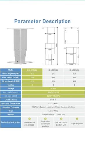 Electric Lifting Column 11” Stroke Adjustable Height 176lb Load Table Lifter - Picture 2 of 8