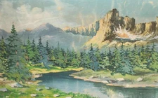 Antique impressionist gouache painting mountain river landscape