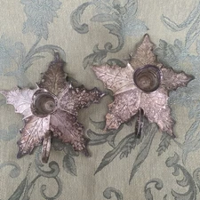 2 Vintage Silver Color Candle Stick Holders Poinsettia Leaves Made In India