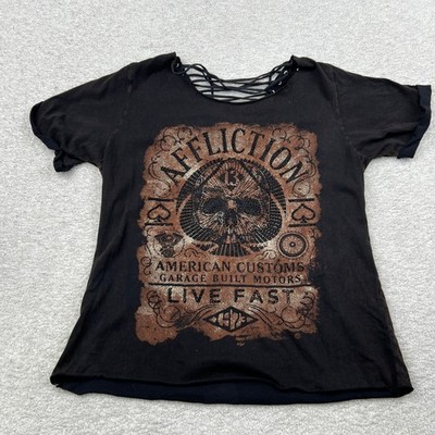 Affliction American Customs Live Fast Graphic T-Shirt Lace Up Back Black Mens M