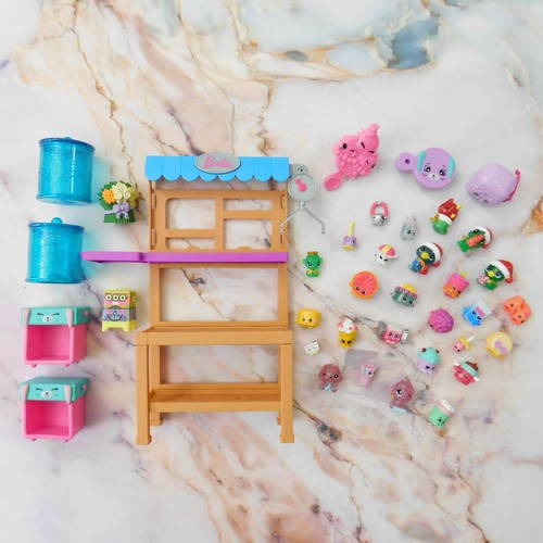 Assorted Shopkin Figures & Barbie Furniture Stand Side Tables - Mixed Toy Lot