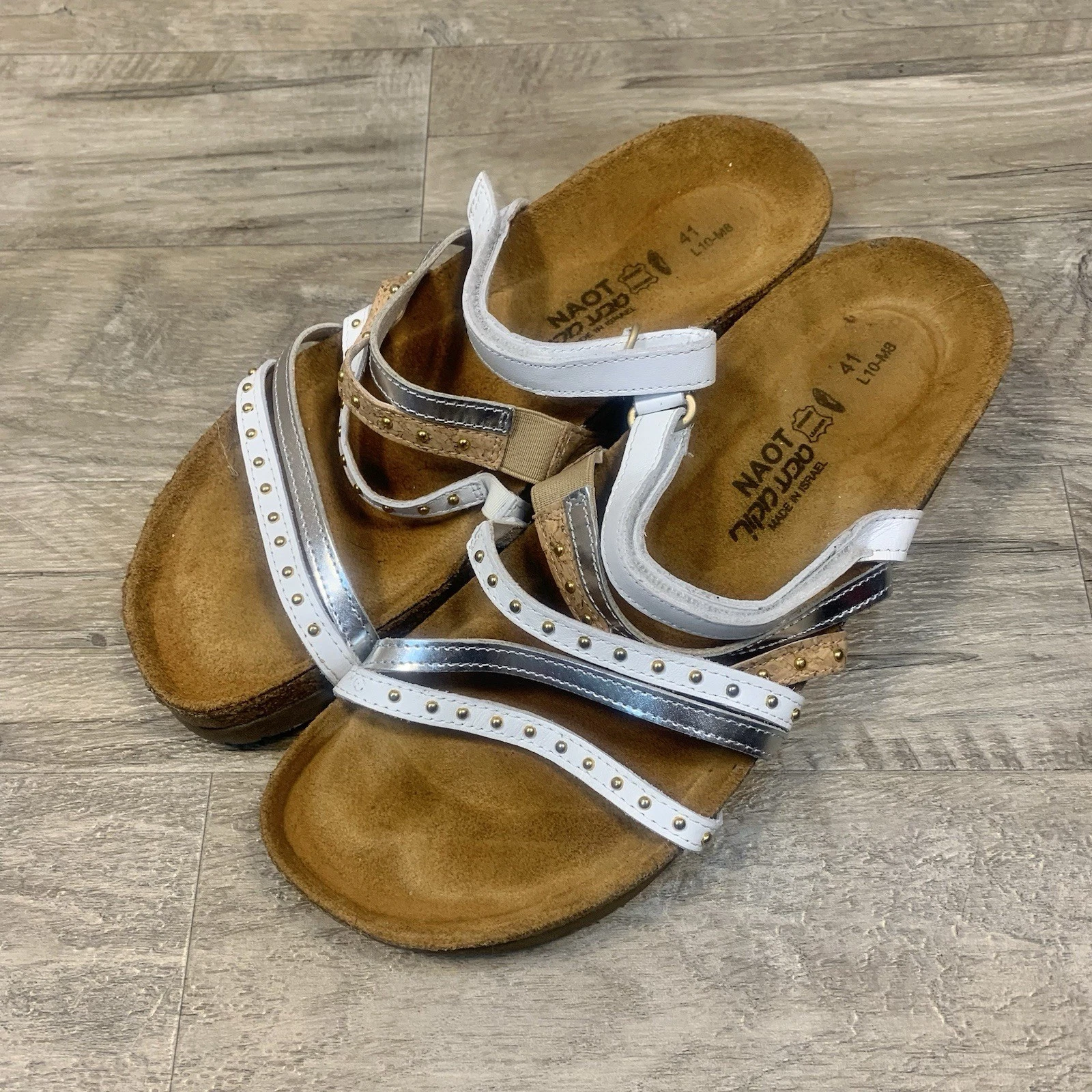Noat Prescott Strappy Studded White Metallic Sandals Women Sz 41 US 10