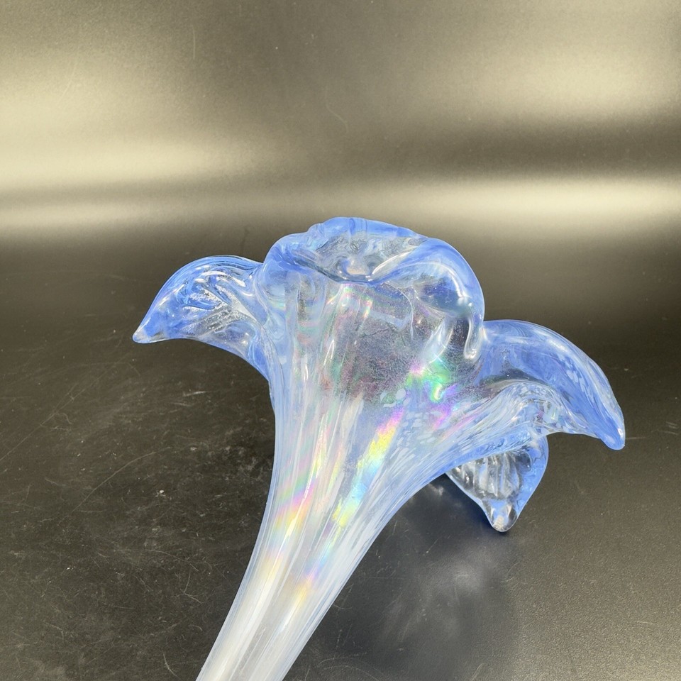 Iridescent Light Blue Art Glass Flower Glass Decor Vintage Glassware