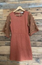 THML Rust Brown Knit Dress Sheer Floral Sleeve Lace Trim Cottagecore Boho S