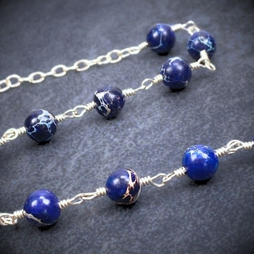 Pulsera Variscite - Azul Oscuro - Plata Argentina 935 - Piedras Preciosas Envueltas en Alambre - Imagen 5 de 7