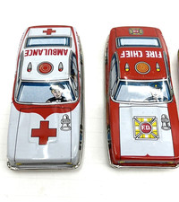 Two 1960s Tin Friction AMBULANCE  FIRE CHIEF Cars-Made in Japan-5"x2"-GC