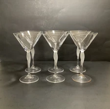 MARTINI GLASSES Frosted Twist Stems Clear Leaf Etched 7-3/4" Tall No Maker Marks