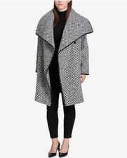 Dkny Plus Size Faux-leather-trim Belted Textured Wrap Coat Diagonal Tweed 3x Nwt