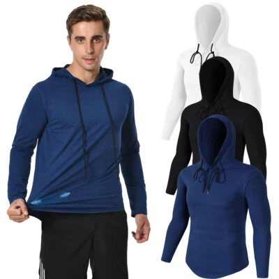 MEETYOO Herren Funktionsshirt Sweatshirt Langarm Laufshirt mit Kapuze Fitness Training